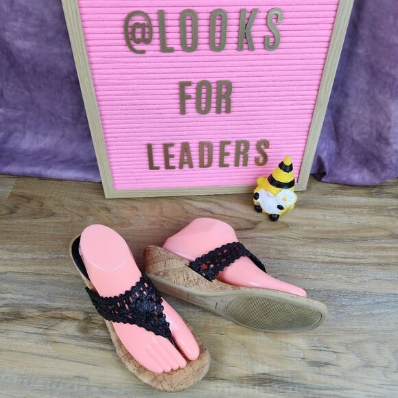 💜DexFlex Comfort Black Wedge Sandals Size 9.5 - Picture 2 of 15